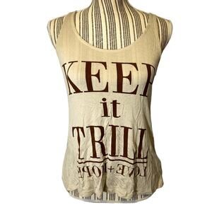 JC Fits Beige “Keep It Trill” Graphic Keyhole Back Sleeveless Tank Womens Med